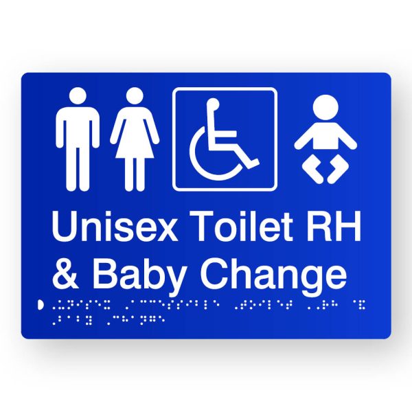 Unisex Accessible Toilet RH & Baby Change Braille Sign in Blue Tactile Printed Acrylic. Blue Sign Panel with White Male, Female Accessible & Baby Symbols. White text reads Unisex Toilet RH & Baby change. White Braille text is shown
