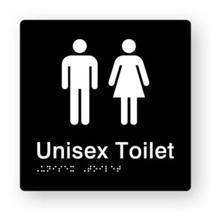 Unisex Toilet Braille Sign in Tactile Printed Black Acrylic. Black Sign panel with White male & Female Symbols. White text reads Unisex Toilet. White Braille Text is shown