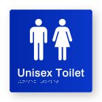 Unisex Toilet Braille Sign in Tactile printed Blue Acrylic. Blue Sign panel with White Male & Female symbol. White text reads Unisex Toilet. White Braille is Shown
