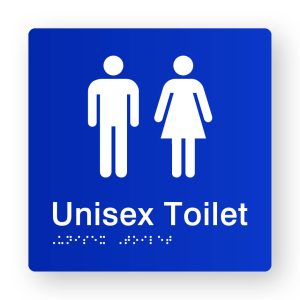 Unisex Toilet Braille Sign in Tactile printed Blue Acrylic. Blue Sign panel with White Male & Female symbol. White text reads Unisex Toilet. White Braille is Shown