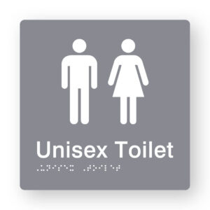 Unisex Toilet Braille Sign in Grey Tactile Printed Acrylic. Grey Sign panel with White Male & Female Symbols. White text reads Unisex Toilet. White Braille Text is shown