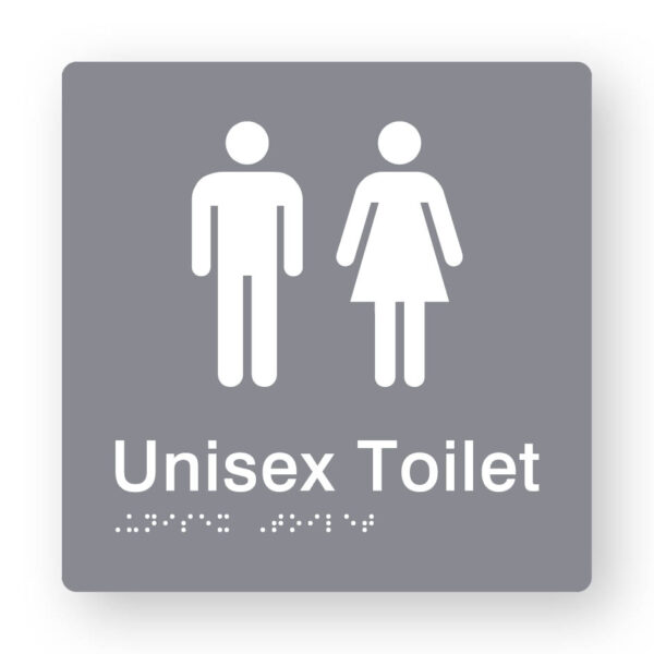 Unisex Toilet Braille Sign in Grey Tactile Printed Acrylic Unisex Toilet Braille Sign in Grey Tactile Printed Acrylic. Grey Sign panel with White Male & Female Symbols. White text reads Unisex Toilet. White Braille Text is shown