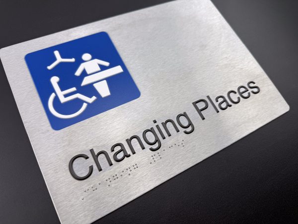 Formed from a single piece of metal, Changing places Stainless Steel braille Sign