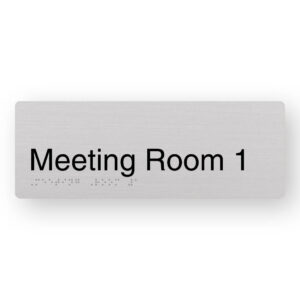 Meeting Room 1 Braille Sign in Anodised Aluminium. Silver Sign panel with Black text that reads Meeting Room 1