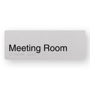 Meeting Room Braille Sign in Anodised Aluminium. Silver Sign panel with black text that reads Meeting Room