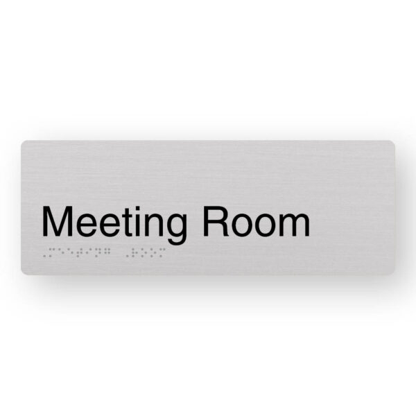 Meeting Room Braille Sign in Anodised Aluminium Meeting Room Braille Sign in Anodised Aluminium. Silver Sign panel with black text that reads Meeting Room