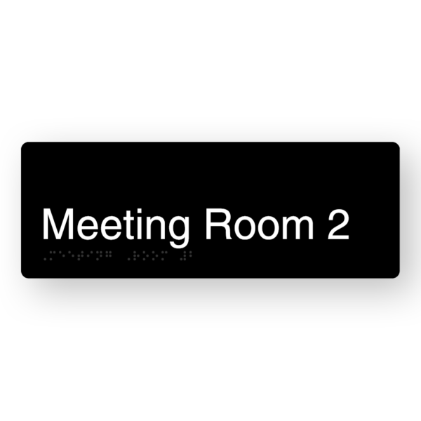 Meeting Room 2 Braille Sign in Black Aluminium Meeting Room 2 Black Aluminium Braille Sign. Black Aluminium Sign panel with White Text that reads Meeting Room 2