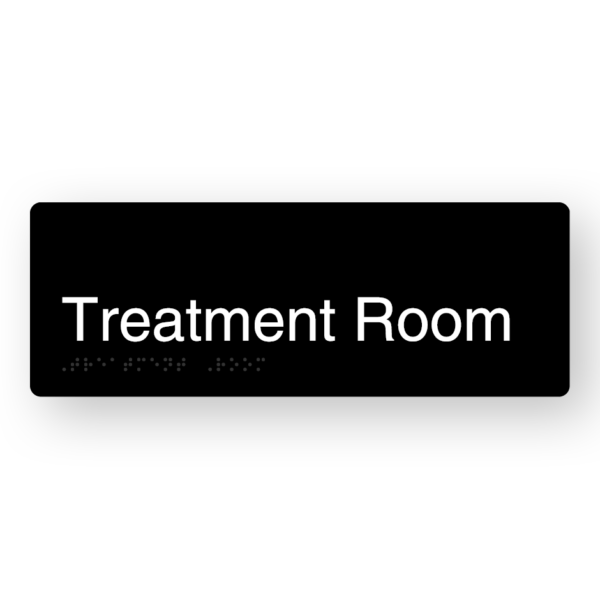 Treatment Room Braille Sign in Black Aluminium Treatment Room Braille Sign in Black Aluminium. Black Sign panel with White Teat that reads Treatment Room