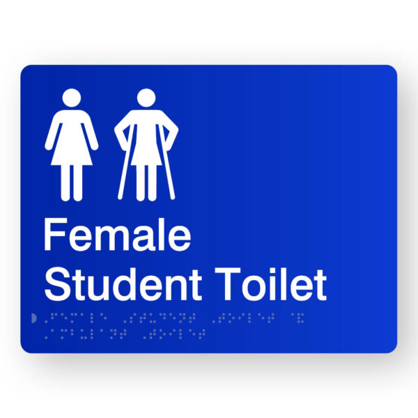 Female Student Toilet with Ambulant Symbol Braille Sign in Blue Acrylic Female Student Toilet with Ambulant Symbol Braille Sign in Blue Acrylic. Blue Sign panel with White Female 7 female Ambulant Symbol. White Text reads Female Student Toilet. Braille Text is shown