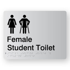 Female Student Toilet with Ambulant Symbol Braille Sign in Silver Acrylic. Silver Sign panel with Black Female & Female Ambulant Symbol. Black Text reads Female Student Toilet. Braille text is shown