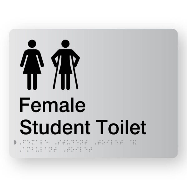 Female Student Toilet with Ambulant Symbol Braille Sign in Silver Acrylic Female Student Toilet with Ambulant Symbol Braille Sign in Silver Acrylic. Silver Sign panel with Black Female & Female Ambulant Symbol. Black Text reads Female Student Toilet. Braille text is shown