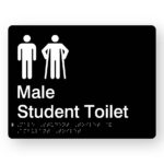 Male Student toilet with Ambulant Symbol Braille Sign.. Black Sign panel with White Male & male Ambulant Symbol. White Text reads Male Student Toilet. Braille Text is Shown