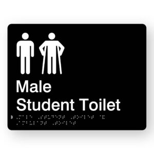 Male Student toilet with Ambulant Symbol Braille Sign.. Black Sign panel with White Male & male Ambulant Symbol. White Text reads Male Student Toilet. Braille Text is Shown