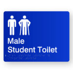 Male Student Toilet with Ambulant Symbol Braille Sign in Blue Acrylic. Blue Sign panel with white Male & Male Ambulant Symbols. White Text reads Male Student Toilet. Braille Text is shown