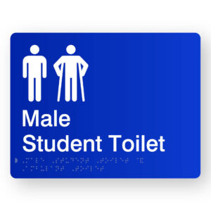 Male Student Toilet with Ambulant Symbol Braille Sign in Blue Acrylic. Blue Sign panel with white Male & Male Ambulant Symbols. White Text reads Male Student Toilet. Braille Text is shown