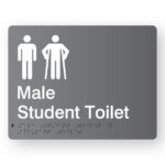 Male Student Toilet with Ambulant Symbol Braille Sign in Grey Acrylic. Grey Sign panel with white Male 7 male Ambulant Symbol. White Text reads Male Student Toilet. Braille Text is Shown