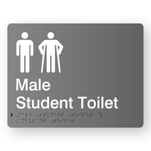 Male Student Toilet with Ambulant Symbol Braille Sign in Grey Acrylic. Grey Sign panel with white Male 7 male Ambulant Symbol. White Text reads Male Student Toilet. Braille Text is Shown