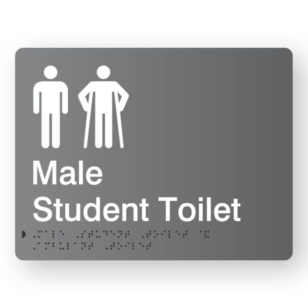 Male Student Toilet with Ambulant Symbol Braille Sign in Grey Acrylic. Grey Sign panel with white Male 7 male Ambulant Symbol. White Text reads Male Student Toilet. Braille Text is Shown