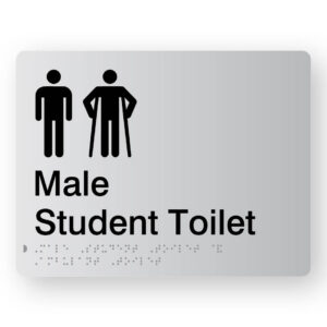 Male Student Toilet with Ambulant Symbol Braille Sign in Silver Acrylic. Silver Sign panel with Black male 7 male Ambulant Symbols. Black Text reads Male Student Toilet. Braille text is Shown