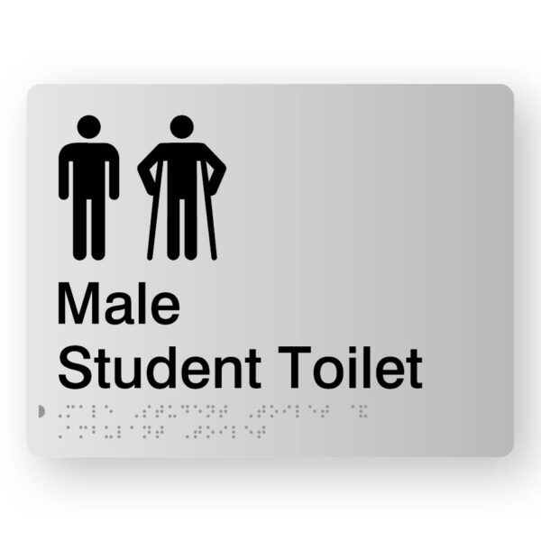 Male Student Toilet with Ambulant Symbol Braille Sign in Silver Acrylic. Silver Sign panel with Black male 7 male Ambulant Symbols. Black Text reads Male Student Toilet. Braille text is Shown