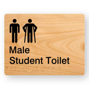 Male Student Toilet with Ambulant Symbol Braille Sign in Woodgrain Arcylic. Woodgrain Sign panel withBlack Malew & Male Ambulant Symbols. Black text reads Male Student Toilet. Braille Text is Shown