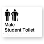 Male Student toilet with Ambulant Symbol Braille Sign in White Acrylic. White sign panel with black Male & male Ambulant Symbols. Black Text reads Male Student Toilet. Braille text is Shown
