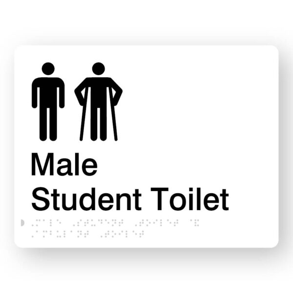 Male Student toilet with Ambulant Symbol Braille Sign. in White Acrylic Male Student toilet with Ambulant Symbol Braille Sign in White Acrylic. White sign panel with black Male & male Ambulant Symbols. Black Text reads Male Student Toilet. Braille text is Shown
