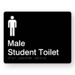 Male Student Toilet Braille Sign in Black Acrylic. Black Sign panel with White male Symbol, White text reads male Student Toilet. Braille Text is Shown