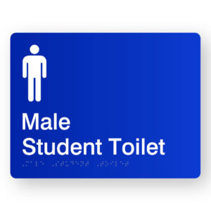 Male Student Toilet Braille Sign in Blue Acrylic. Blue Sign panel with White male Symbol. White text reads male Student Toilet. Braille Text is Shown