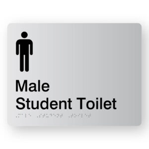 Male Student Toilet Braille Sign in Silver Acrylic. Silver Sign panel with Black Male Symbol, Black text reads Male Student toilet. Braille Text is shown