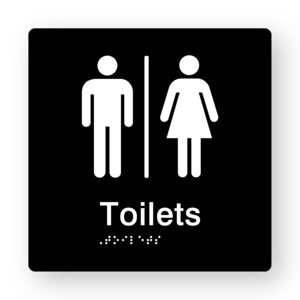 Airlock Male Female Toilets Braille Sign in Black Tactile Printed Acrylic Airlock Male Female Toilets Braille Sign in Tactile printed Black Acrylic. Black Sign panel with white Male, Female & Airlock Symbol. White Text reads Toilets. White Braille is Shown