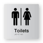 Airlock - Toilets Braille Sign Tactile Printed Silver Acrylic. Silver Sign panel with Black male, Female & Airlock Symbol. Black text reads Toilets. Black Braille text is shown