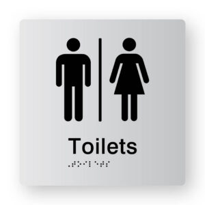 Airlock - Toilets Braille Sign Tactile Printed Silver Acrylic. Silver Sign panel with Black male, Female & Airlock Symbol. Black text reads Toilets. Black Braille text is shown