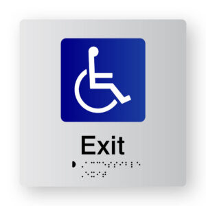 Accessible Exit Braille Sign in Tactile printed Silver Acrylic. Silver Sign panel with Blue 7 White Accessible Symbol. Black text reads Exit. Braille Text is shown
