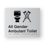 All Gender Ambulant Toilet Braille Sign in Tactile Printed Silver Acrylic (Version 2). Silver Sign panel with Black Toilet & Crutches symbol. Black text reads All Gender Ambulant Toilet. Black Braille text is shown