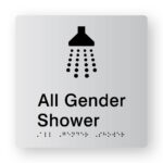 All Gender Shower Braille Sign in Silver Tactile printed Acrylic. Silver Sign panel with Black Shower Symbol. Black Text reads All Gender Shower. Black Braille is shown