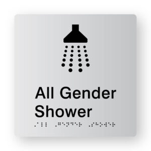 All Gender Shower Braille Sign in Silver Tactile printed Acrylic. Silver Sign panel with Black Shower Symbol. Black Text reads All Gender Shower. Black Braille is shown