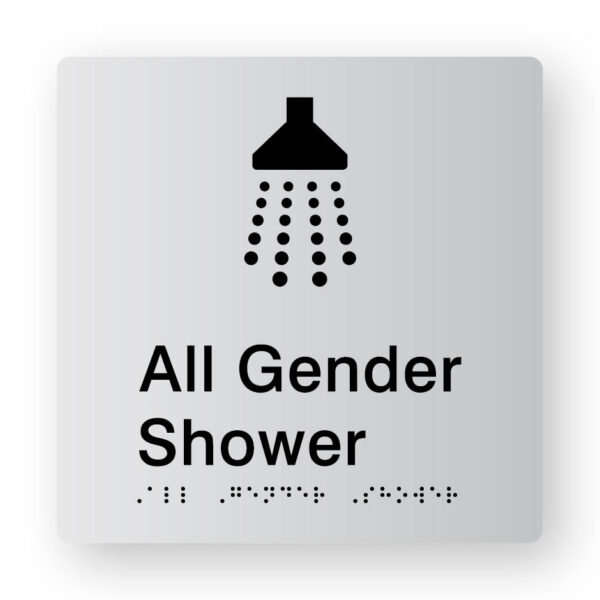 All Gender Shower Braille Sign in Silver Tactile printed Acrylic All Gender Shower Braille Sign in Silver Tactile printed Acrylic. Silver Sign panel with Black Shower Symbol. Black Text reads All Gender Shower. Black Braille is shown