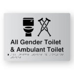 All Gender Toilet & Ambulant Toilet Braille Sign Silver Tactile Acrylic. Silver Sign panel with Black Toilet & Crutches Symbols. Black text reads All Gender Toilet & Ambulant Toilet. Black Braille text is shown