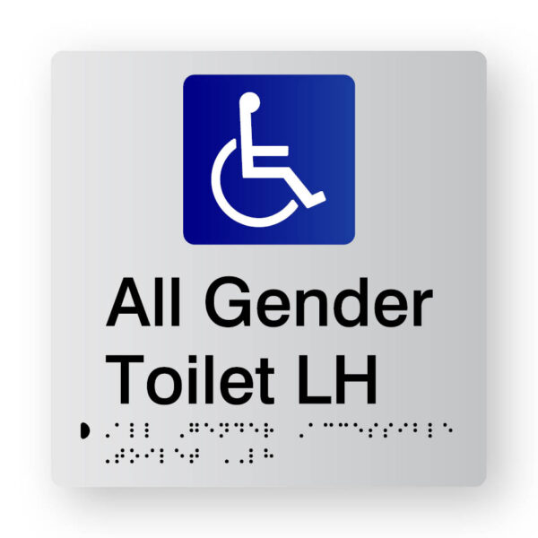 All Gender Toilet LH - (SKU-TPS-AGATL) Silver All Gender Toilet LH Braille Sign in Tactile Printed Silver Acrylic. Silver Sign panel with Blue & White Accessible Symbol. Black Text reads All Gender Toilet LH. Black Braille text is shown