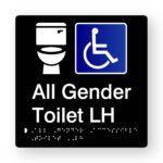All Gender Accessible Toilet LH Braille Sign V2 in Tactile Printed Black Acrylic. Black Sign panel with White Toilet & Blue & White Accessible Symbol. White text reads All Gender Toilet LH. White braille text is shown