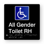 All Gender Accessible Toilet RH Braille Sign in Tactile Printed Black Acrylic. Black Sign panel with Blue & White Accessible Symbol. White text reads All Gender Toilet RH. White braille text is shown