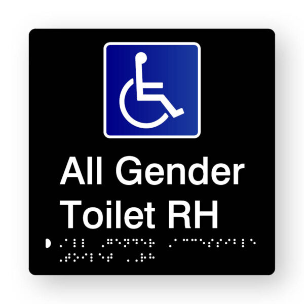 All Gender Accessible Toilet RH Braille Sign in Tactile Printed Black Acrylic All Gender Accessible Toilet RH Braille Sign in Tactile Printed Black Acrylic. Black Sign panel with Blue & White Accessible Symbol. White text reads All Gender Toilet RH. White braille text is shown