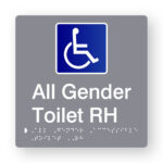 All Gender Accessible Toilet RH Braille Sign in Grey Tactile Printed Acrylic. Grey Sign panel with White Accessible Symbol. White text reads All Gender Accessible Toilet RH White Braille Text is shown