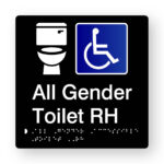 All Gender Accessible Toilet RH Braille Sign V2 in Tactile Printed Black Acrylic. Black Sign panel with White Toilet & Blue & White Accessible Symbol. White text reads All Gender Toilet RH. White braille text is shown