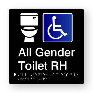 All Gender Accessible Toilet RH Braille Sign V2 in Tactile Printed Black Acrylic. Black Sign panel with White Toilet & Blue & White Accessible Symbol. White text reads All Gender Toilet RH. White braille text is shown