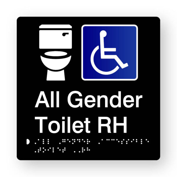 All Gender Accessible Toilet RH Braille Sign V2 in Tactile Printed Black Acrylic All Gender Accessible Toilet RH Braille Sign V2 in Tactile Printed Black Acrylic. Black Sign panel with White Toilet & Blue & White Accessible Symbol. White text reads All Gender Toilet RH. White braille text is shown