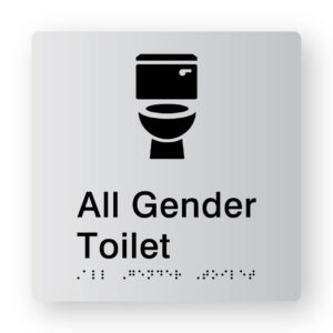 All Gender Toilet Braille Sign in Tactile printed Silver Acrylic. Silver Sign panel with Black Toilet Symbol, Black text reads All Gender Toilet. Black Braille text is Shown