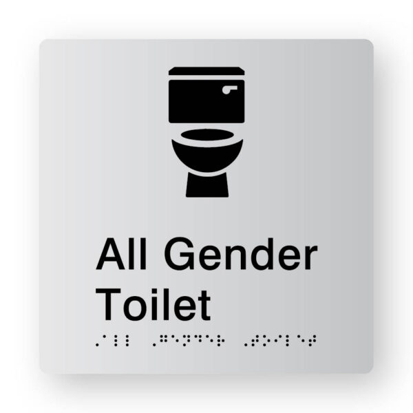 All Gender Toilet Braille Sign in Tactile printed Silver Acrylic. Silver Sign panel with Black Toilet Symbol, Black text reads All Gender Toilet. Black Braille text is Shown