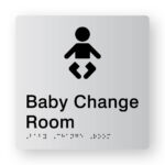 Baby Change Room Braille Sign in Tactile Printed Silver Acrylic. Silver Sign panel with Black Baby Symbol & Black text that reads Baby Change Room. Black Braille text is shown